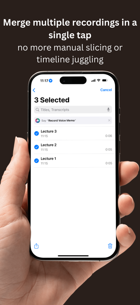 Schermata dell'iPhone che mostra più memo vocali selezionati per essere uniti nell'app Unisci Memo Vocali