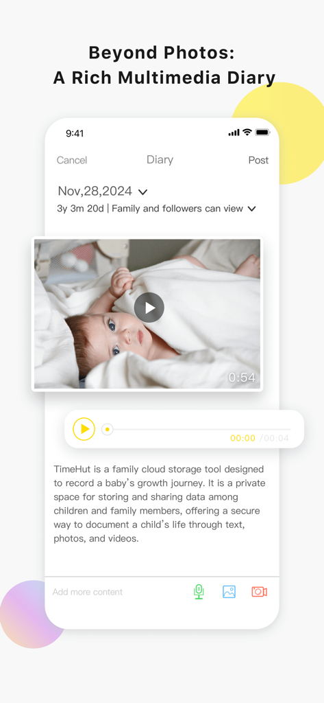 Interfaccia del diario multimediale per bambini dell'app TimeHut che mostra funzionalità di registrazione video e audio per bambini