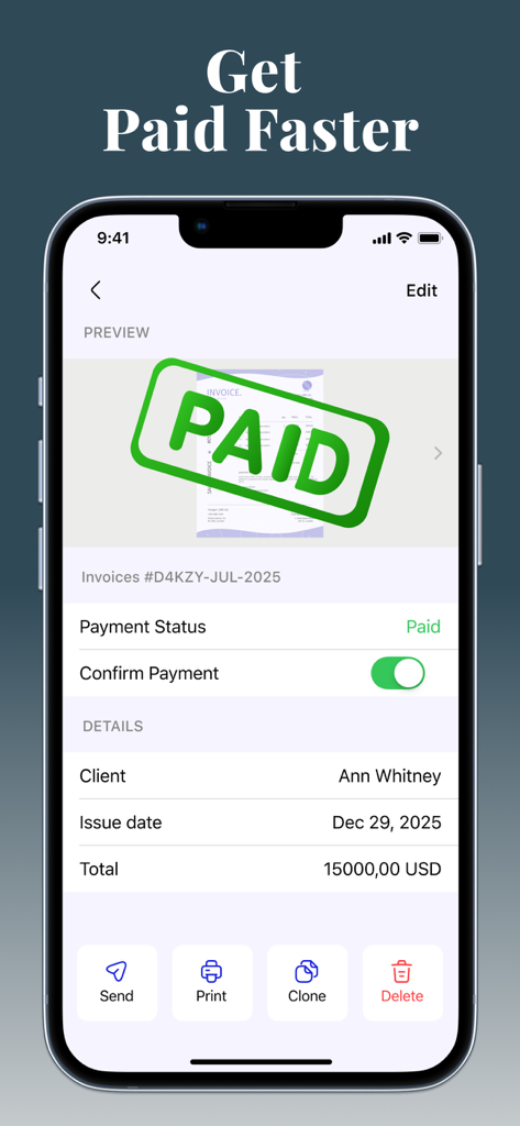 Invoice Maker - PDF & Billing - Pantalla de la app móvil mostrando la vista previa de una factura pagada con un sello verde.
