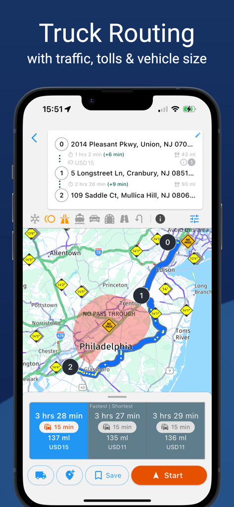 NaviTruck app interface displaying truck routing with multi stop planning and estimated toll costs