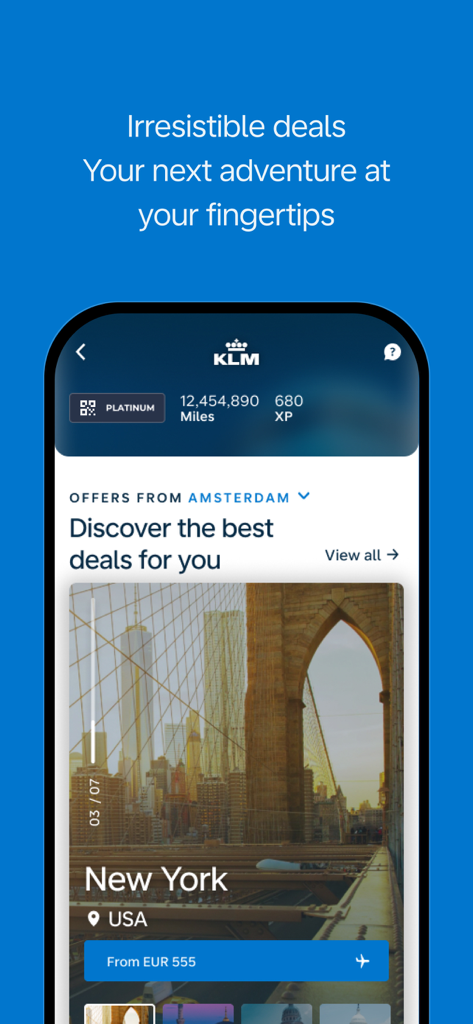 La app móvil KLM muestra ofertas de viajes a Nueva York y puntos de fidelidad del usuario