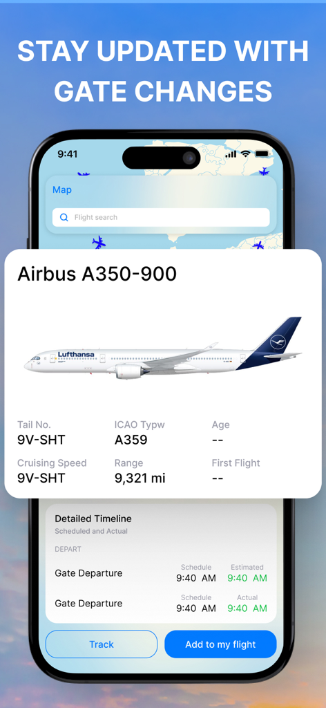 Flight Tracker: Plane Finder‧ - Real-time flight tracking interface showing Airbus A350-900 aircraft specifications and gate departure schedule.