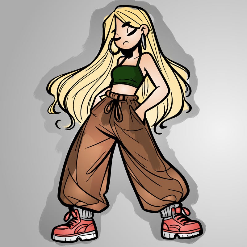 girl in baggy pants crop top and long hair