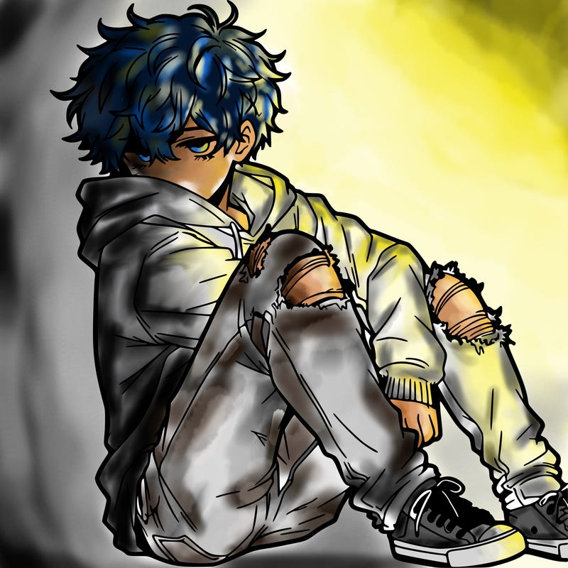 a male hoddie ripped jeans messy hair anime