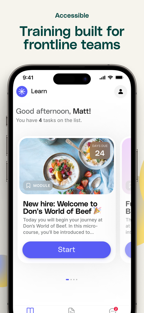 Opus Training - Opus Training mobile app interface showing a new hire training module for frontline workers