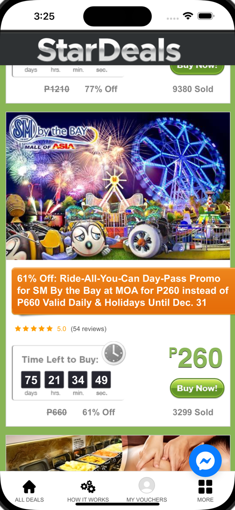 StarDeals mobile app displaying a 61 percent discount for SM By the Bay amusement park rides