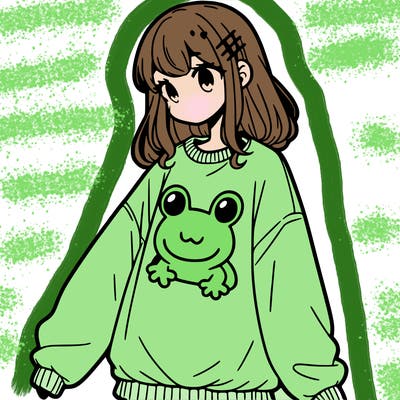 girl wearing frogging sweatshirt