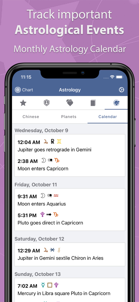 A mobile app screenshot showing a monthly astrology calendar with upcoming planetary events and retrogrades.