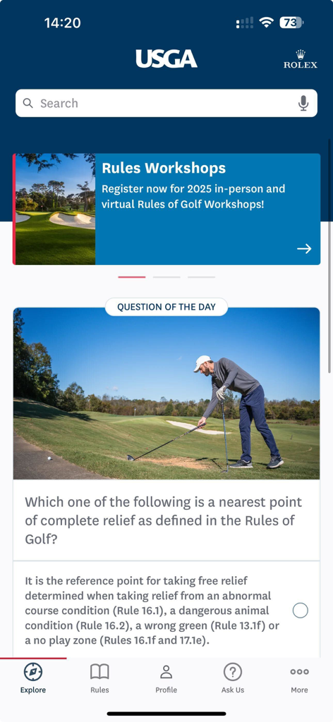 The Official Rules of Golf - USGA Official Rules of Golf app interface showing the home screen with search bar and a golf rules quiz question