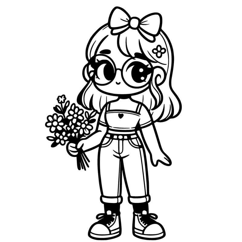 1 girl holding flowers wearing a croc top and jeans with cute glasses and trainers and a bow in her hair
