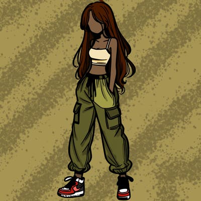 girl in baggy pants crop top and long hair