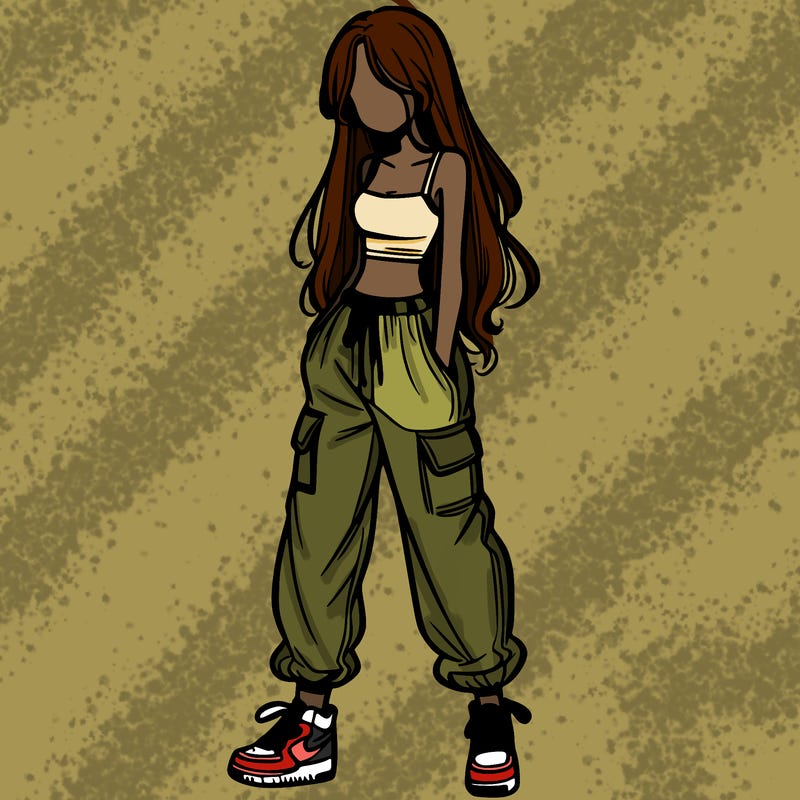 girl in baggy pants crop top and long hair