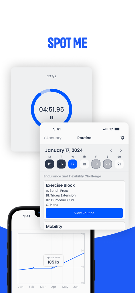 Spot Me - Spot Me app interface displaying a workout timer, exercise routine calendar, and weight progress chart.