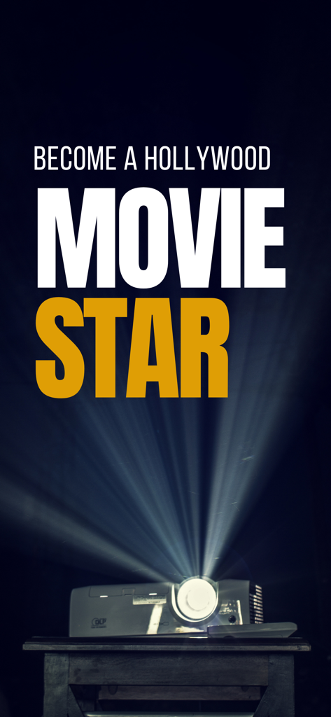 Hollywood Movie Star Life Sim - A movie projector light shining on the bold text Become a Hollywood Movie Star in a dark theater