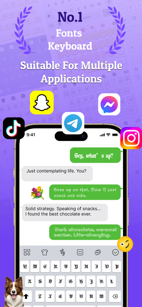 Fonts Art: Keyboard Fonts - Screenshot of Fonts Art keyboard app showing custom stylish fonts used in a chat interface with social media icons like Instagram and TikTok