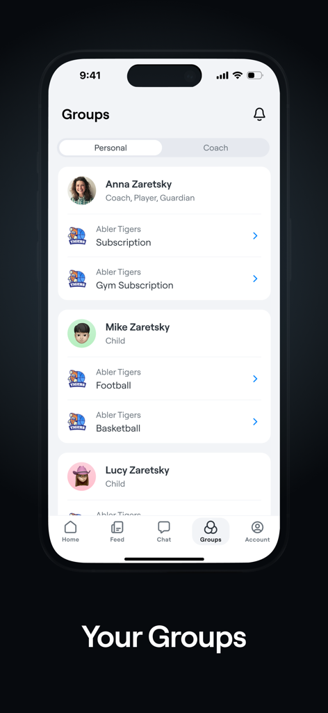 Écran Groupes de l'application Abler montrant les membres de la famille et leurs abonnements aux équipes sportives