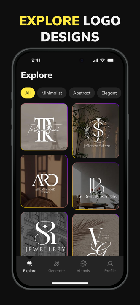 Interface of the AI Logo Maker app displaying a collection of professional and elegant brand logo templates for various businesses.