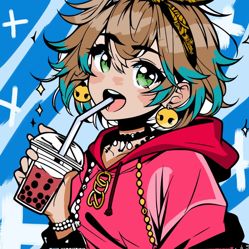hot baddie anime girl drinking boba and biting the straw
