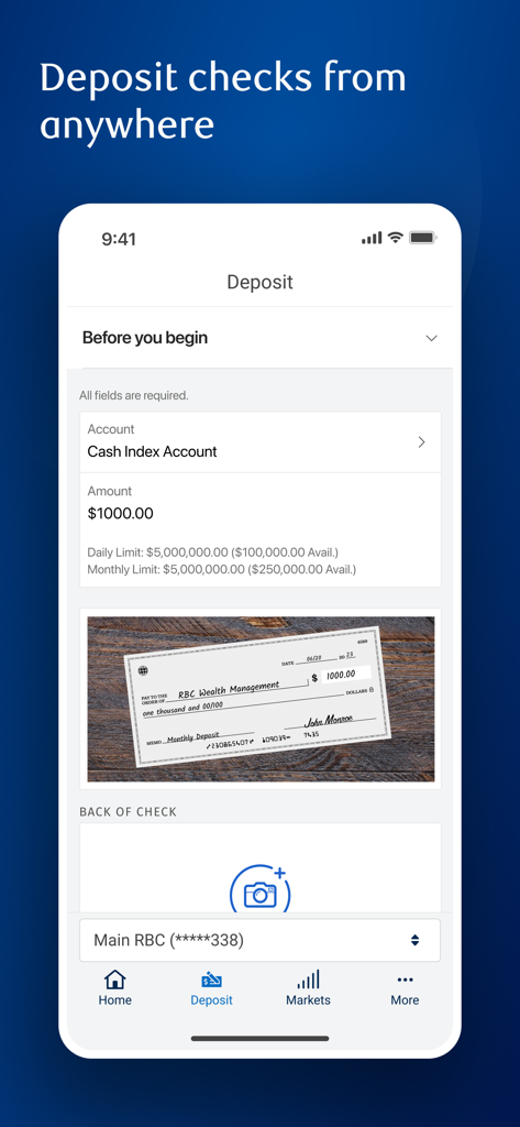 Interface do aplicativo móvel RBC Connect mostrando uma tela de depósito de cheque remoto para uma conta de gestão de patrimônio