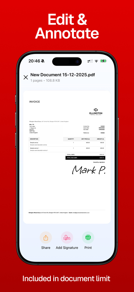 Photo to PDF - Converter Scan - iPhone app interface showing a signed PDF invoice with options to share and print