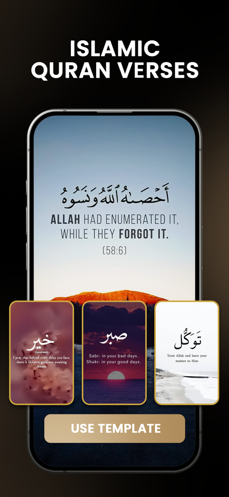 Muslim Video Templates & Maker - Smartphone screen showing aesthetic video templates for Islamic Quran verses and religious reminders.