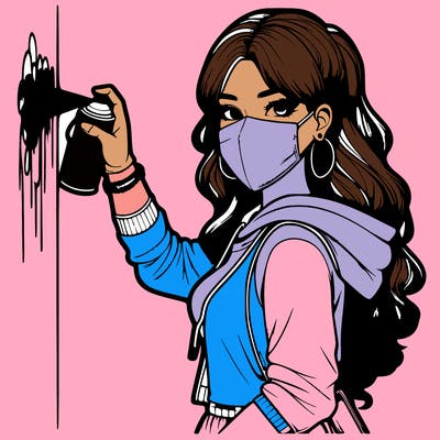 realistic girl with mask spray painting a wall