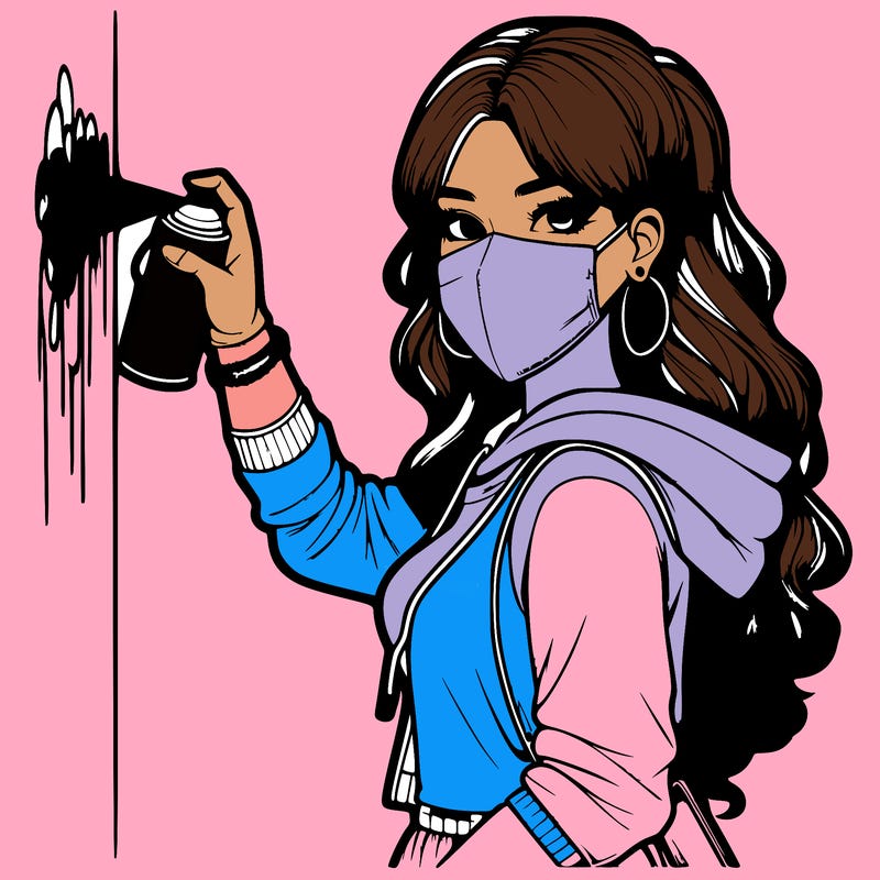 realistic girl with mask spray painting a wall