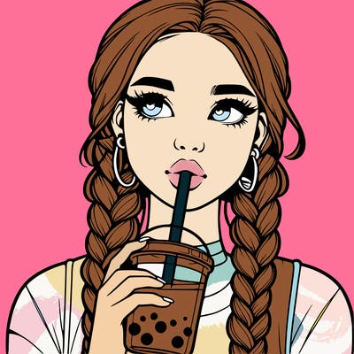 realistic girl with braided hair drinking boba