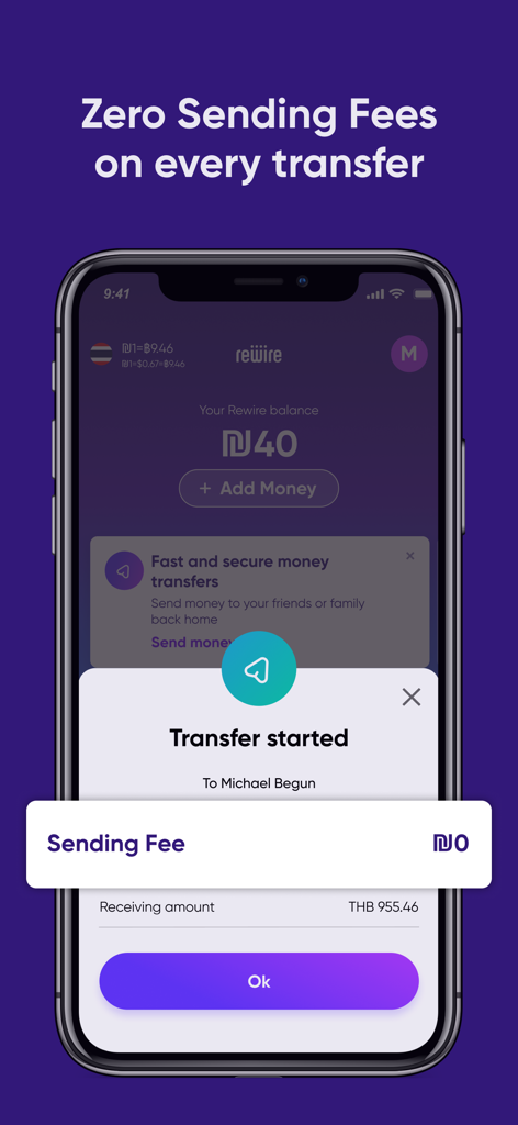 A mobile app screen for Rewire showing a successful money transfer with zero sending fees