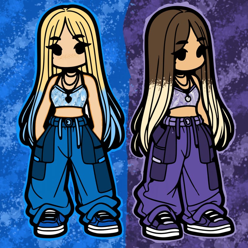 girl in baggy pants crop top and long hair