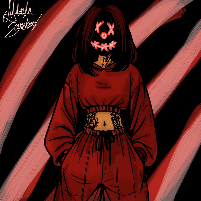 realistic girl faceless with baggy pants and a crop top