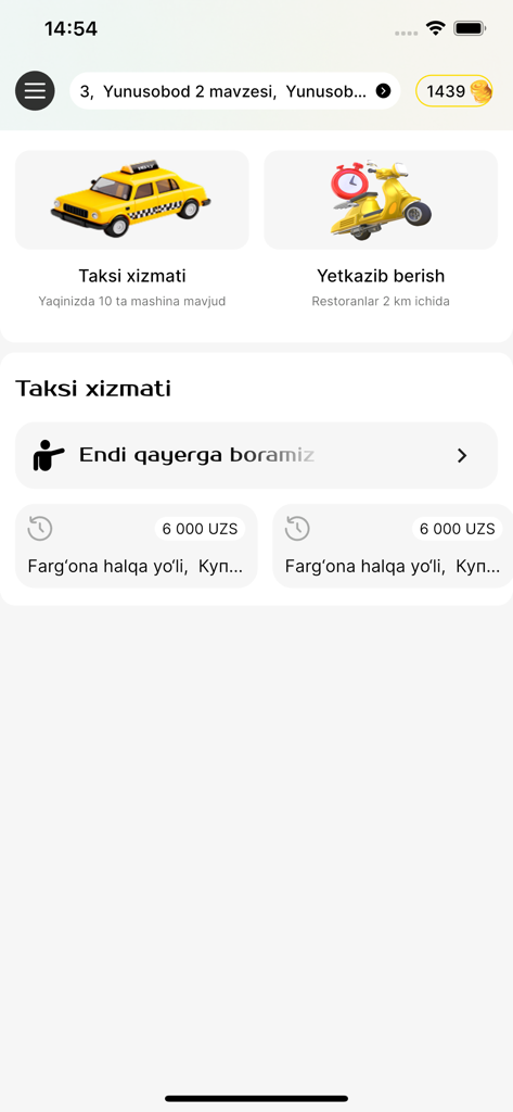 Écran principal de l'application mobile Xon Taxi avec options de taxi et de livraison et historique des trajets