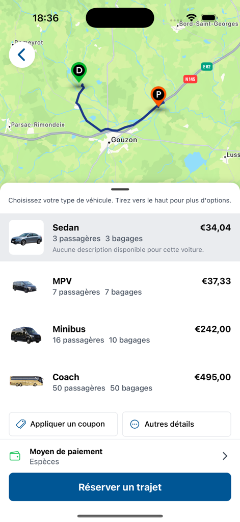 iGO Mobilite - Interfaz de la aplicación iGO Mobilite mostrando una ruta en el mapa y opciones para seleccionar tipos de vehículos como Sedán y Minibús para reservar