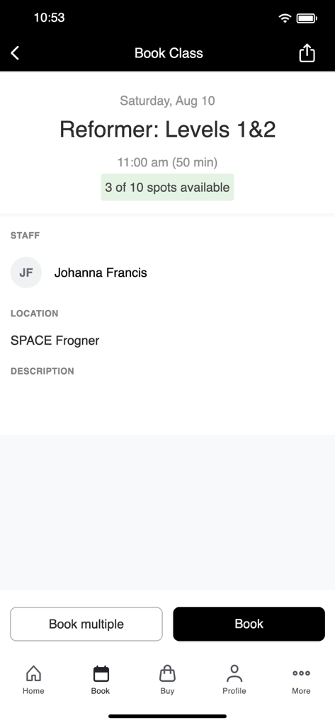 Mobile app interface of SPACE Oslo showing details for booking a Reformer Pilates class.