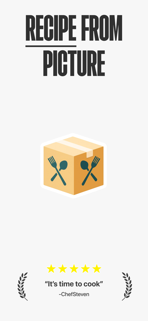 ReciBox - Picture to Recipe - Pantalla de inicio de la aplicación ReciBox con el texto Receta a partir de una imagen y una calificación de cinco estrellas del ChefSteven.