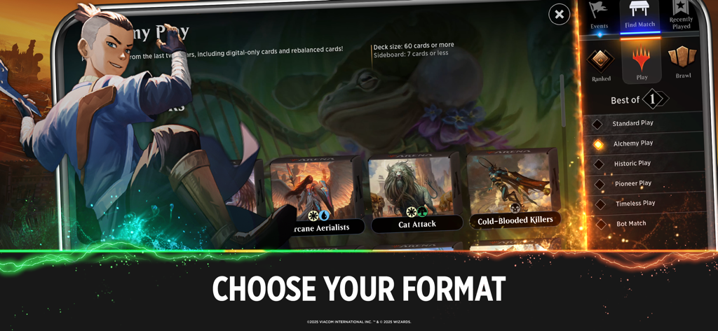 Magic: The Gathering Arena - Magic The Gathering Arena Spieloberfläche, die Formatwahl und benutzerdefinierte Deckoptionen zeigt