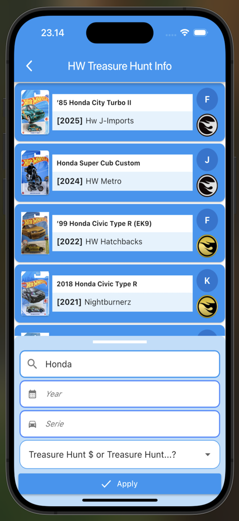 Hot Wheels Treasure Hunt Info - Tela de pesquisa do aplicativo Hot Wheels Treasure Hunt com filtros e uma lista de carros Honda die-cast