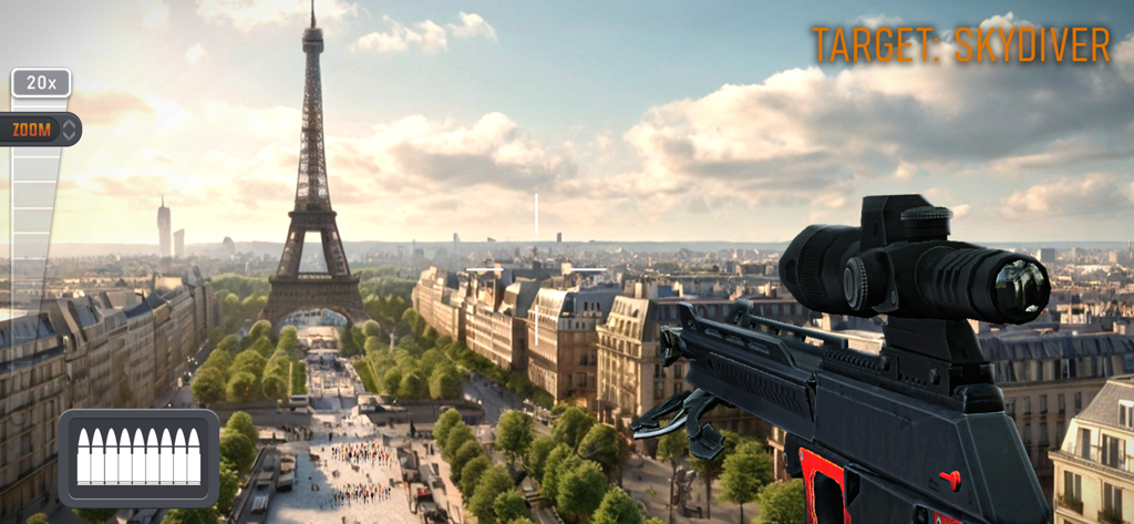 First-person perspective of a sniper rifle aimed towards the Eiffel Tower in Paris for a skydiver target mission.
