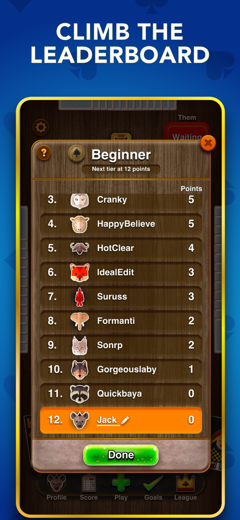 Spades the Card Game - Pantalla de tabla de clasificación de la aplicación de juego de cartas Spades que muestra las clasificaciones de los jugadores y avatares de animales