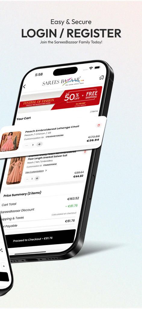 Sarees Bazaar - Ethnic Store - Sarees Bazaar mobile app interface displaying a shopping cart with traditional Indian ethnic wear and a checkout price summary