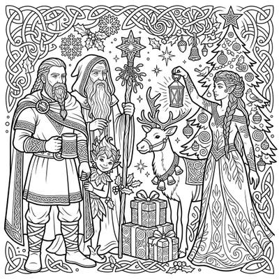 Unite ancient Celtic lore with festive Christmas joy in this unique coloring page. Featuring warriors, druids, and mystical creatures, it's a perfect blend of history and holiday magic.