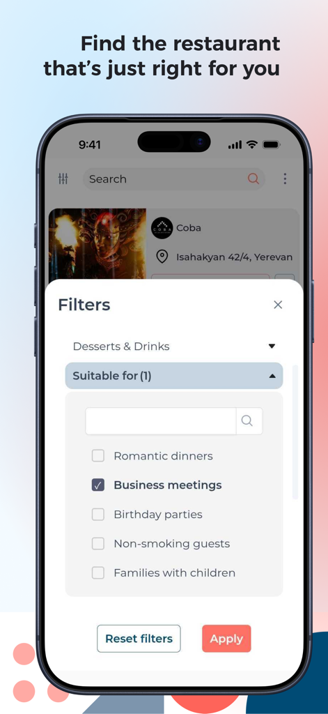RezX app screenshot showing smart filters to select restaurants for business meetings or romantic dinners