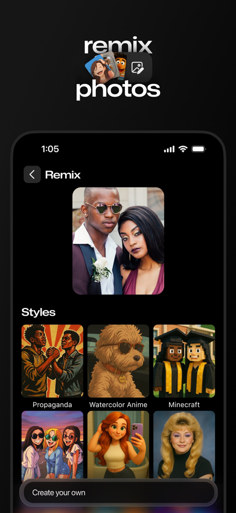 Interfaz de la aplicación GroupMe que muestra funciones de remezcla de fotos con varios filtros artísticos como Minecraft y Anime Acuarela