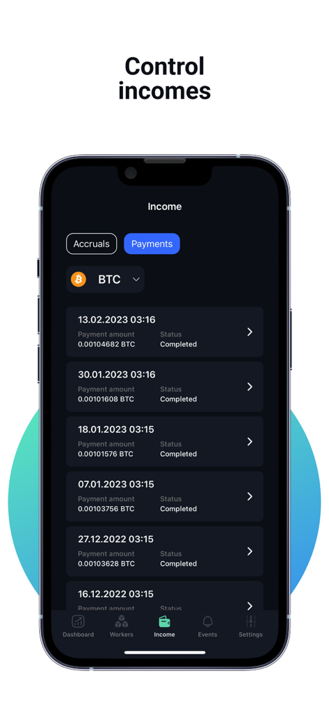 Trustpool: Crypto Mining Pool - Die Trustpool App Benutzeroberfläche zeigt eine Liste abgeschlossener Bitcoin-Mining-Zahlungen und historische Einkommensaufzeichnungen.