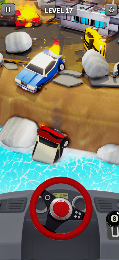 Vue à la première personne du volant d'une scène d'accident de voiture impliquant une voiture de police et des véhicules renversés dans un jeu de simulation 3D.