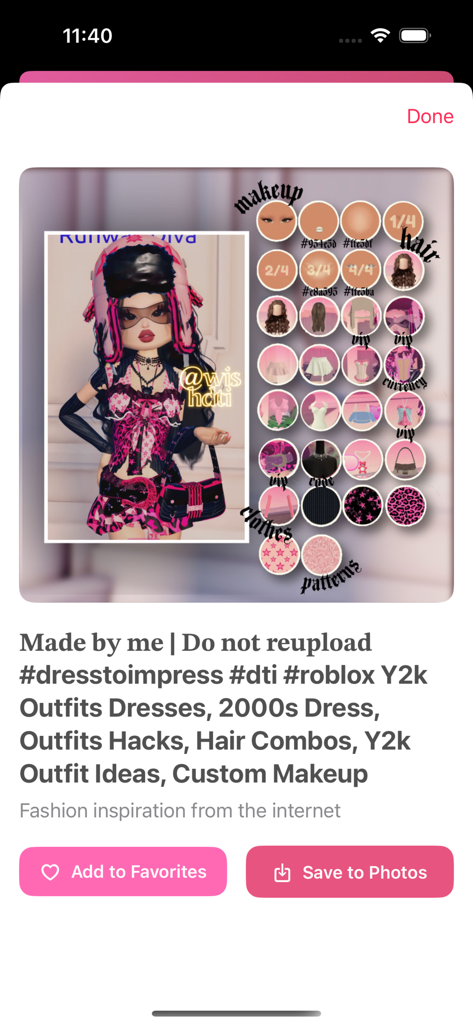 A detailed Y2K aesthetic outfit breakdown in the Dress to Impress app showing hair makeup and clothing items.
