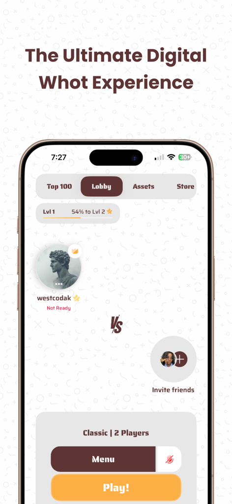 Whotnite - Play Whot Online - Whotnite mobile app game lobby showing player profile and play button