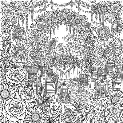 Celebrate love and nature with this stunning wedding-themed coloring page, overflowing with intricate botanical details. Lose yourself in the beauty of roses, sunflowers, and tropical leaves as you bring this romantic scene to life.