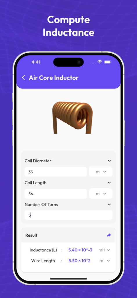 Amateur Radio Toolkit 2025 - Air core inductor calculator interface with coil measurements and inductance results.
