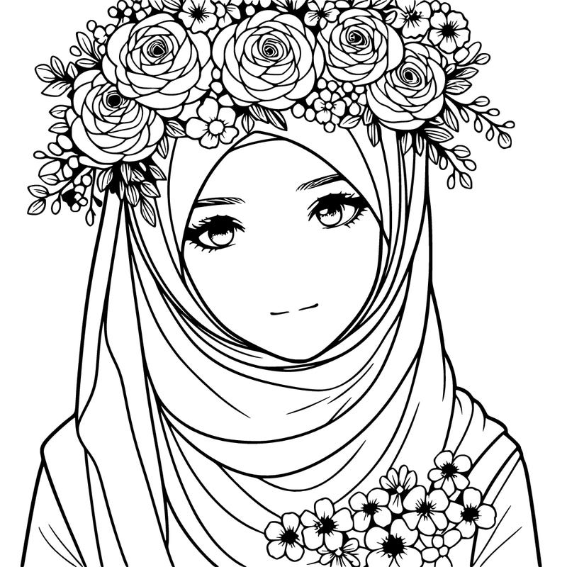realistic hijabi girl with flowers crown